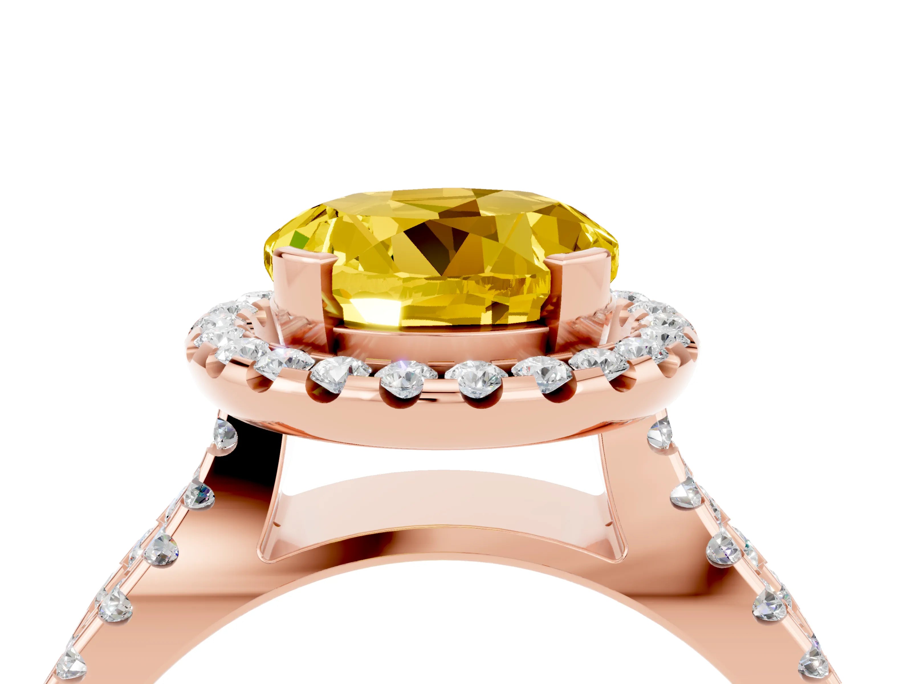 Rose gold Round Cut Yellow Sapphire Halo Ring with Split Shank Pavé Band and Prong Setting_16