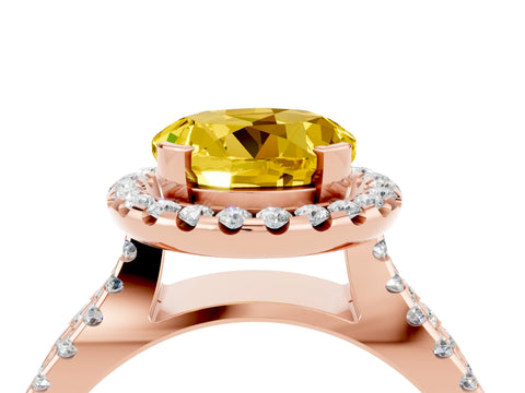 Rose gold Round Cut Yellow Sapphire Halo Ring with Split Shank Pavé Band and Prong Setting_16
