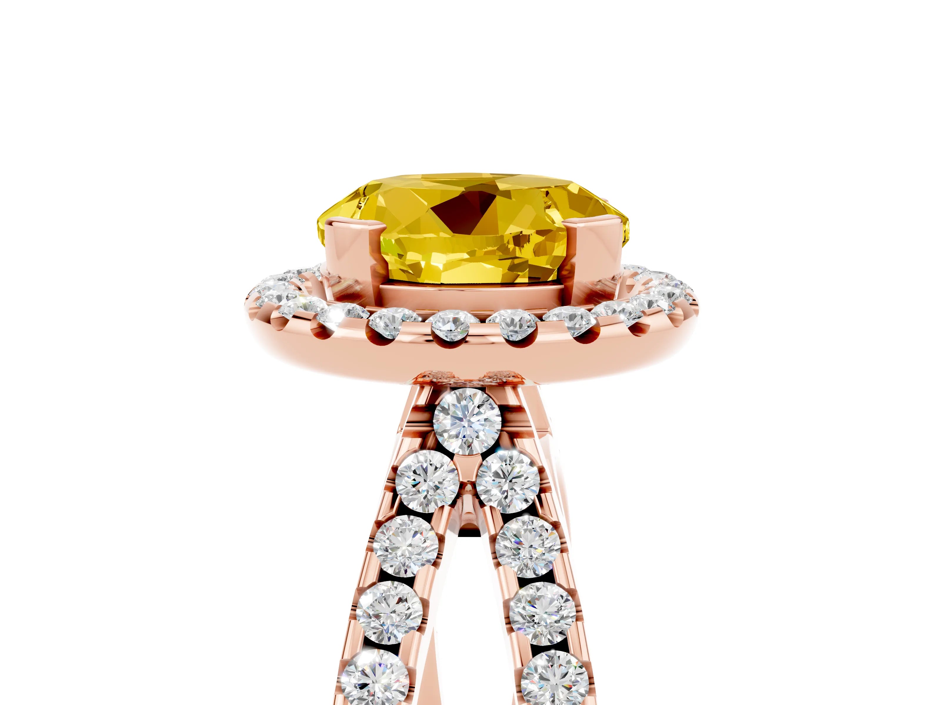 Rose gold Round Cut Yellow Sapphire Halo Ring with Split Shank Pavé Band and Prong Setting_17