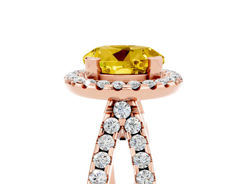 Rose gold Round Cut Yellow Sapphire Halo Ring with Split Shank Pavé Band and Prong Setting_17