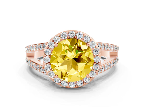 Rose gold Round Cut Yellow Sapphire Halo Ring with Split Shank U-Prong Band and Four-Prong Setting