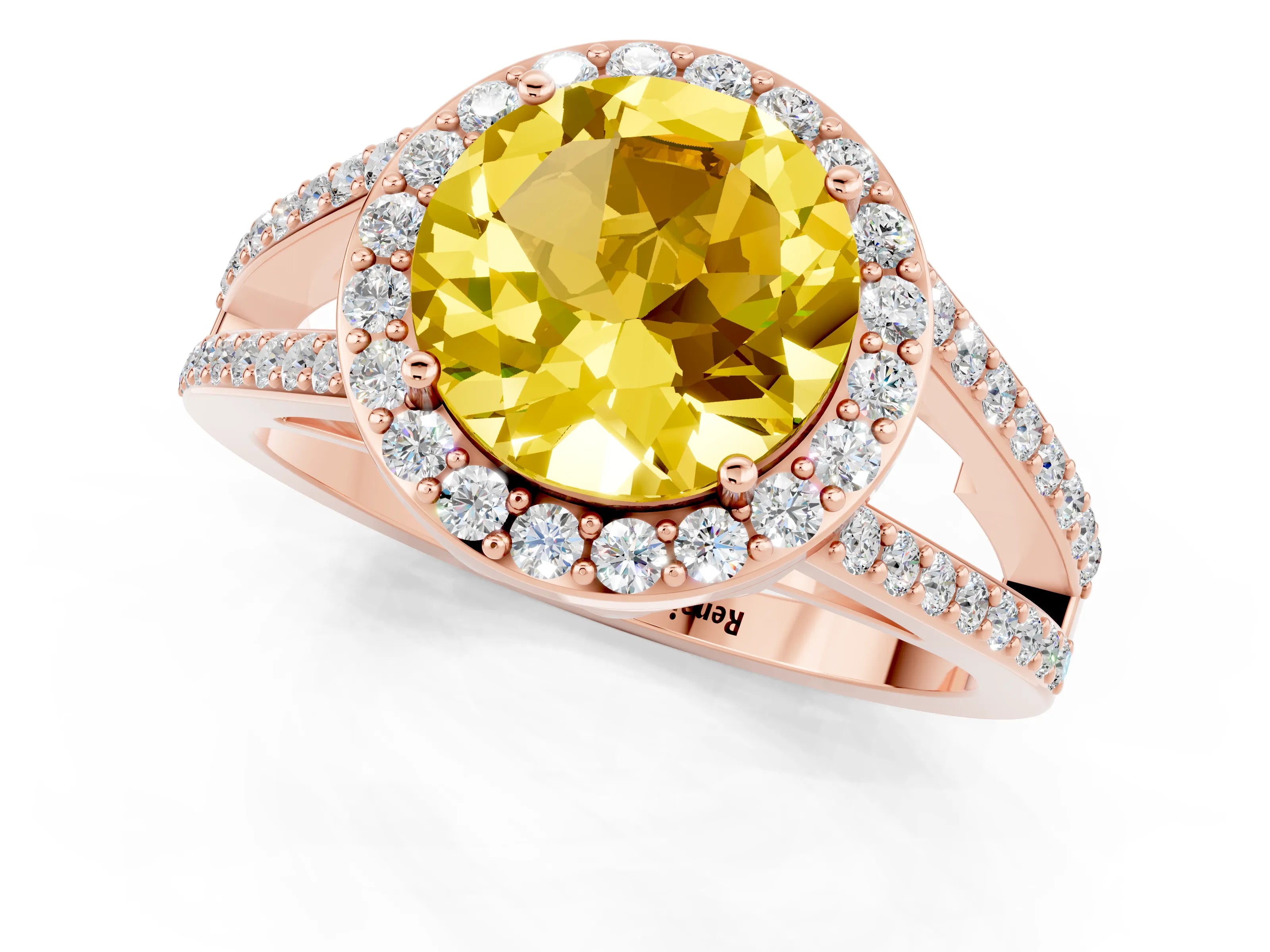 Rose gold Round Cut Yellow Sapphire Halo Ring with Split Shank U-Prong Band and Four-Prong Setting_1