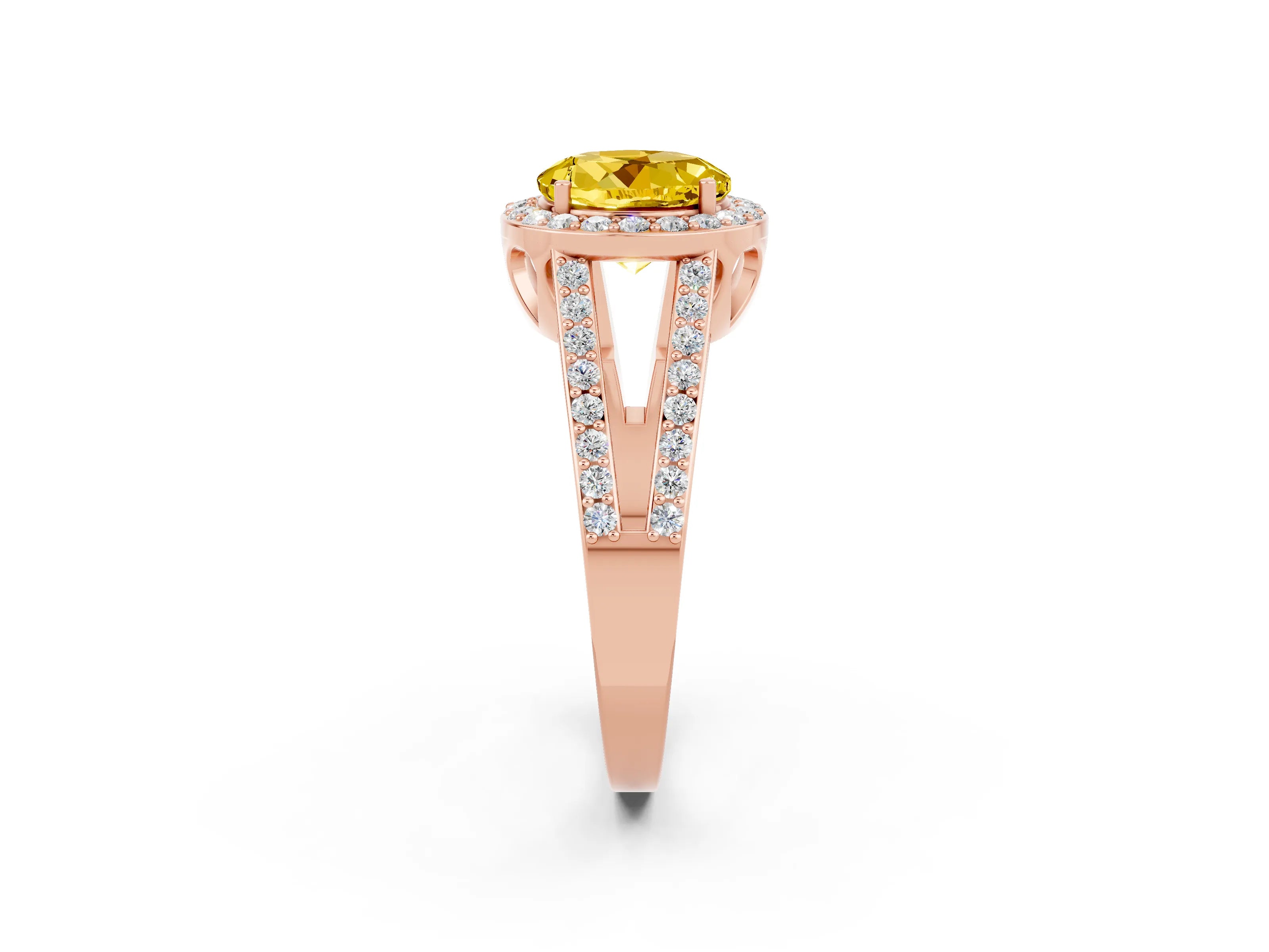 Rose gold Round Cut Yellow Sapphire Halo Ring with Split Shank U-Prong Band and Four-Prong Setting_2
