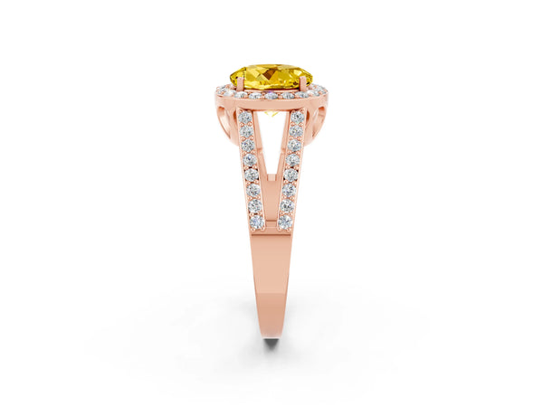 Rose gold Round Cut Yellow Sapphire Halo Ring with Split Shank U-Prong Band and Four-Prong Setting