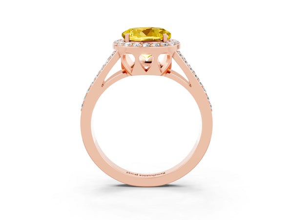 Rose gold Round Cut Yellow Sapphire Halo Ring with Split Shank U-Prong Band and Four-Prong Setting