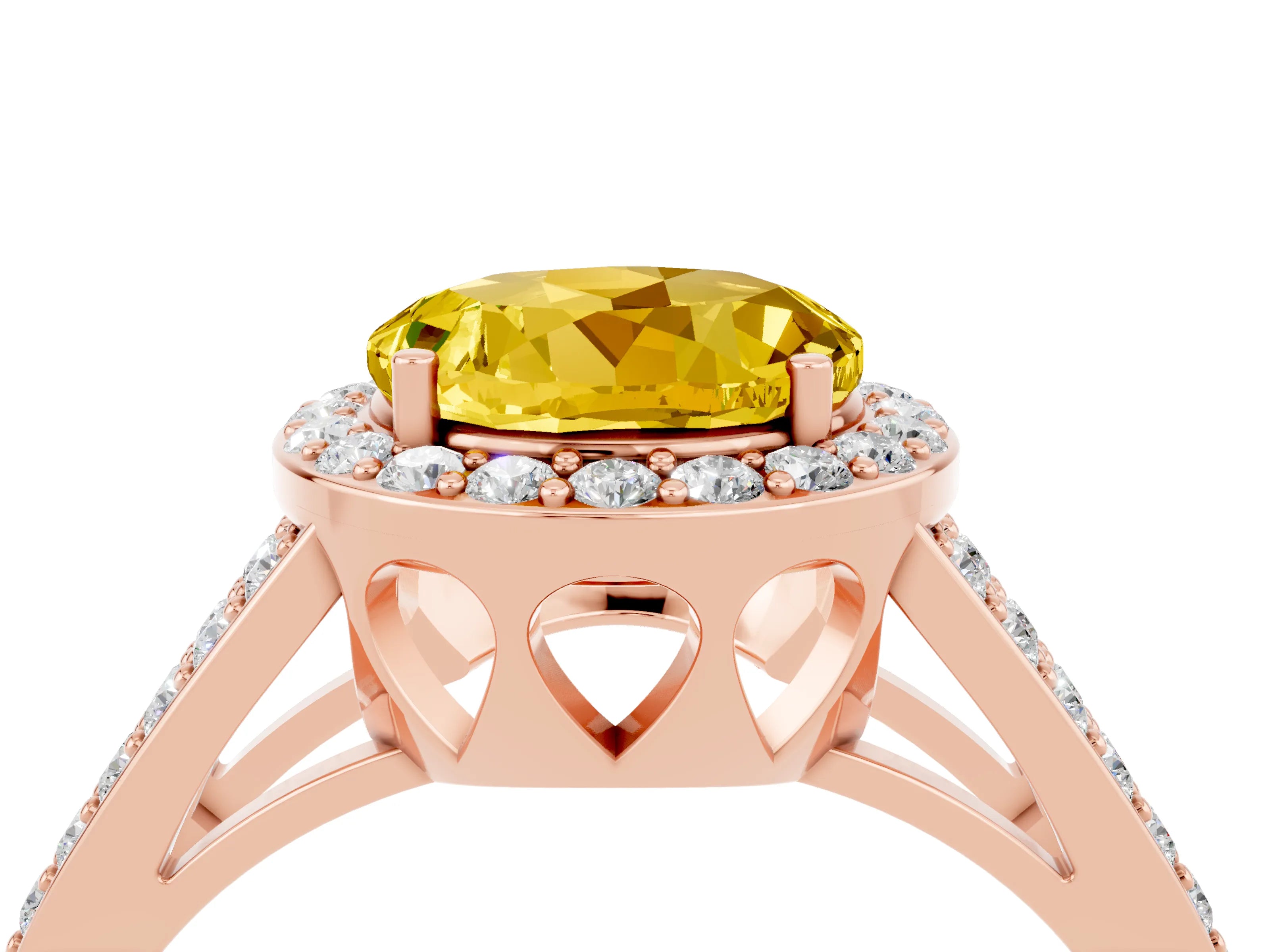 Rose gold Round Cut Yellow Sapphire Halo Ring with Split Shank U-Prong Band and Four-Prong Setting_4