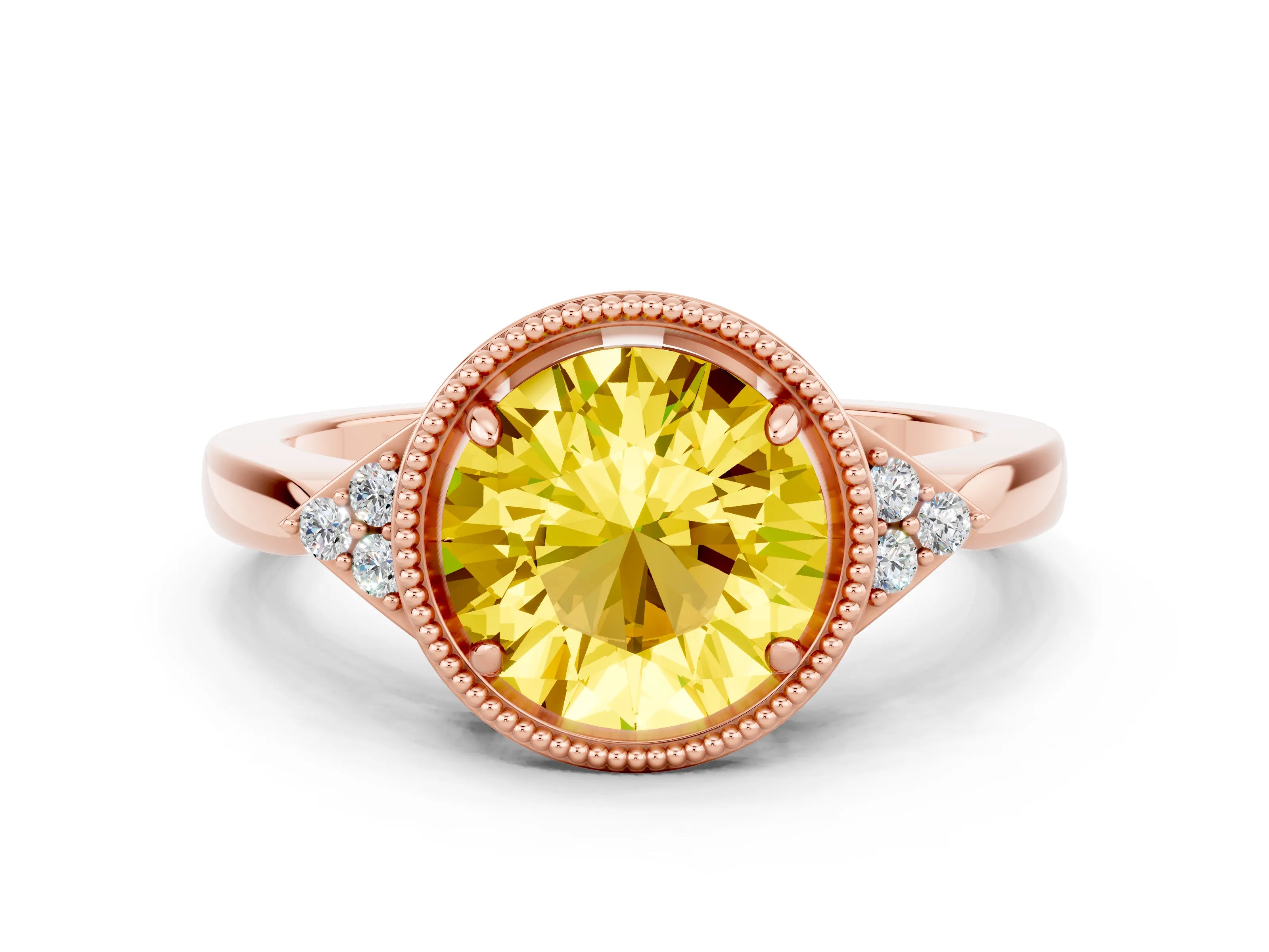 Rose gold Round Cut Yellow Sapphire Halo Ring with Tapered Band and Four-Prong Setting