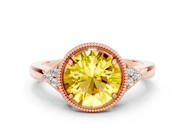 Rose gold Round Cut Yellow Sapphire Halo Ring with Tapered Band and Four-Prong Setting