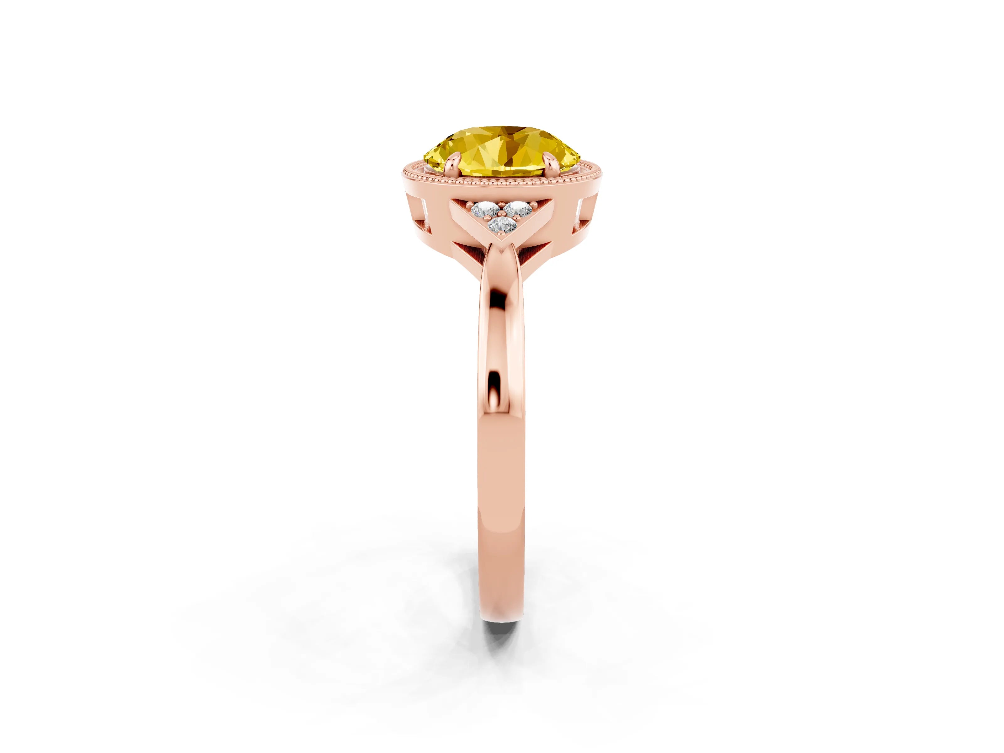 Rose gold Round Cut Yellow Sapphire Halo Ring with Tapered Band and Four-Prong Setting_2