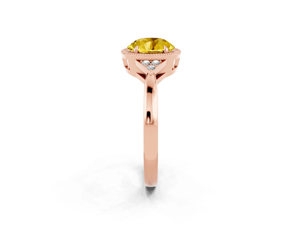 Rose gold Round Cut Yellow Sapphire Halo Ring with Tapered Band and Four-Prong Setting