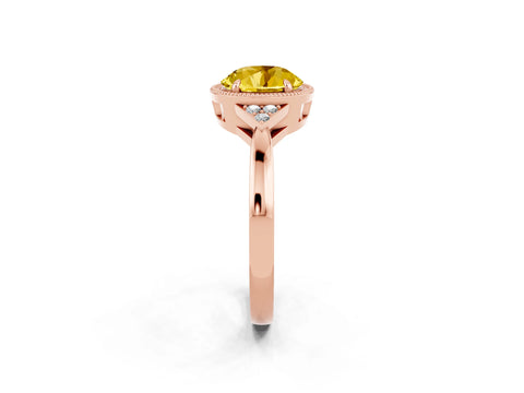 Rose gold Round Cut Yellow Sapphire Halo Ring with Tapered Band and Four-Prong Setting_2