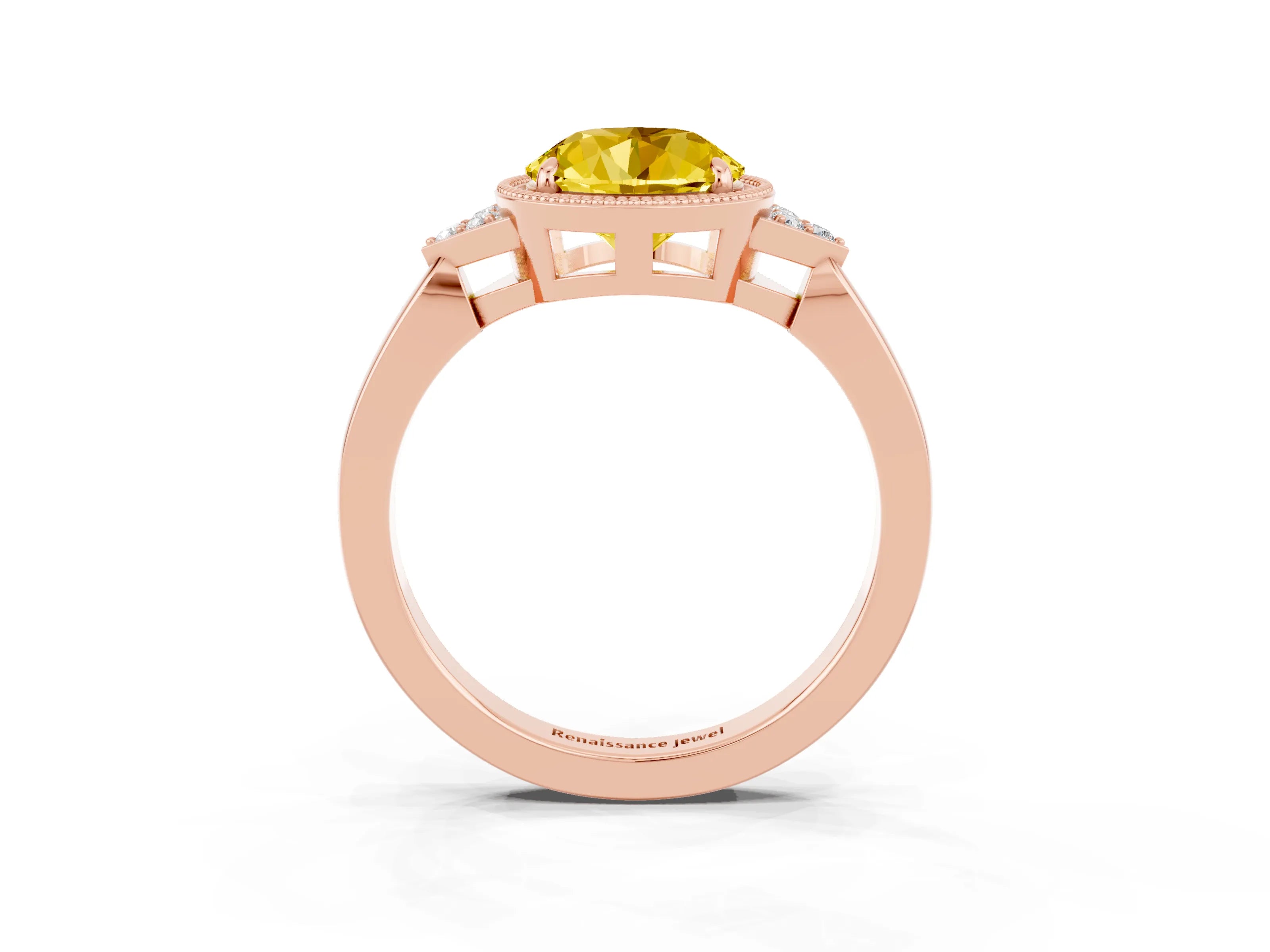 Rose gold Round Cut Yellow Sapphire Halo Ring with Tapered Band and Four-Prong Setting_3