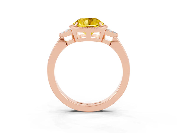 Rose gold Round Cut Yellow Sapphire Halo Ring with Tapered Band and Four-Prong Setting