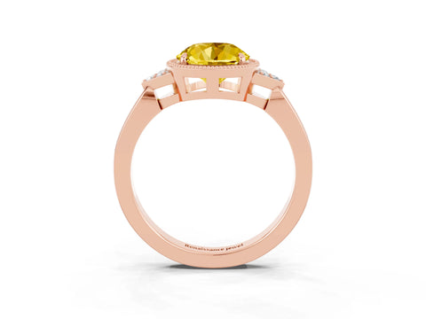 Rose gold Round Cut Yellow Sapphire Halo Ring with Tapered Band and Four-Prong Setting_3