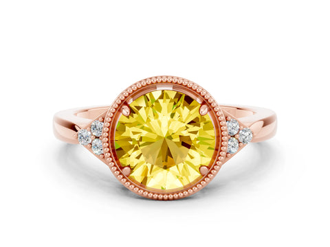 Rose gold Round Cut Yellow Sapphire Halo Ring with Tapered Band and Four-Prong Setting