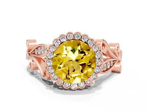 Rose gold Round Cut Yellow Sapphire Halo Ring with Vintage Split Shank and Four-Prong Setting_23