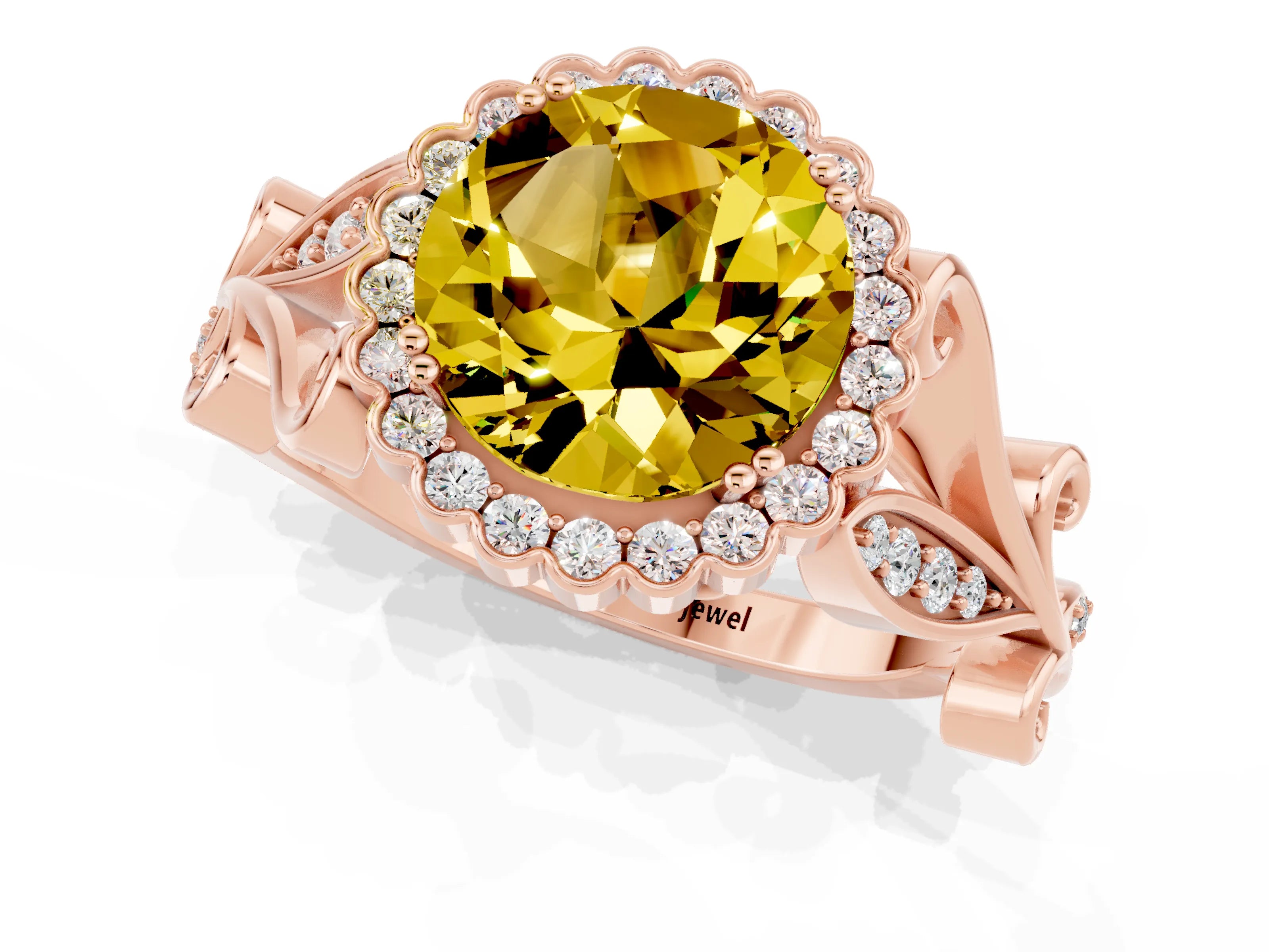Rose gold Round Cut Yellow Sapphire Halo Ring with Vintage Split Shank and Four-Prong Setting_24