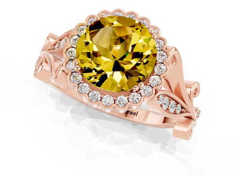 Rose gold Round Cut Yellow Sapphire Halo Ring with Vintage Split Shank and Four-Prong Setting_24