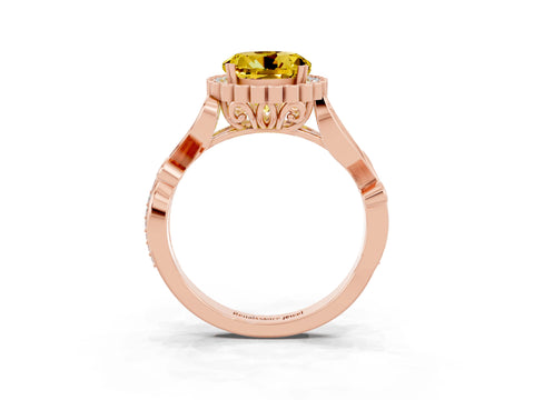 Rose gold Round Cut Yellow Sapphire Halo Ring with Vintage Split Shank and Four-Prong Setting_26