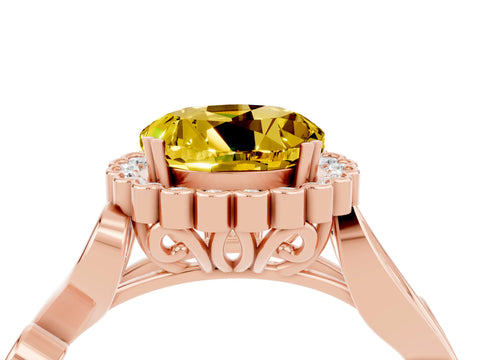 Rose gold Round Cut Yellow Sapphire Halo Ring with Vintage Split Shank and Four-Prong Setting_27