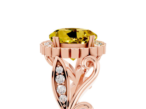 Rose gold Round Cut Yellow Sapphire Halo Ring with Vintage Split Shank and Four-Prong Setting_28
