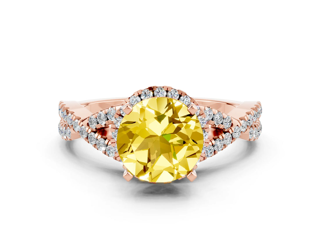 Rose gold Round Cut Yellow Sapphire  Halo Twist Band Solitaire Prong Setting Ring_36