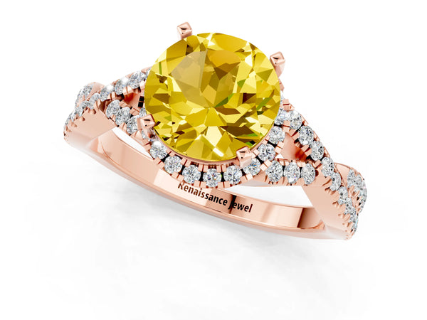 Rose gold Round Cut Yellow Sapphire  Halo Twist Band Solitaire Prong Setting Ring