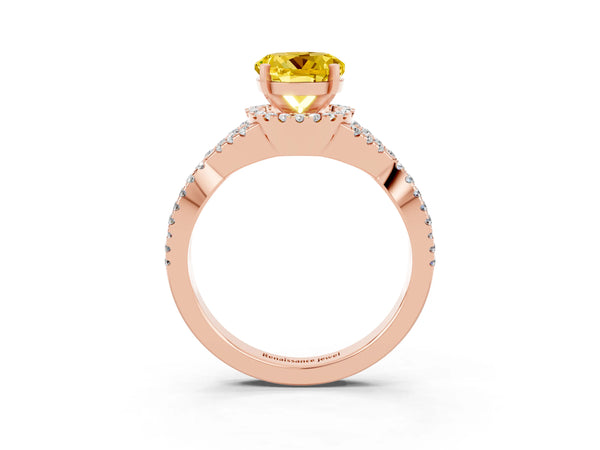 Rose gold Round Cut Yellow Sapphire  Halo Twist Band Solitaire Prong Setting Ring