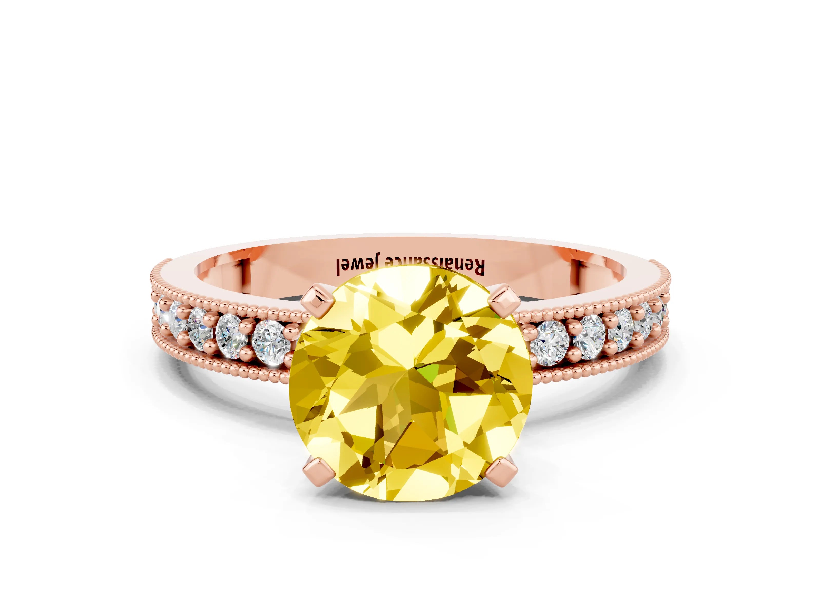Rose gold Round Cut Yellow Sapphire Milgrain Pavé Engagement Ring with Four-Prong Setting_24