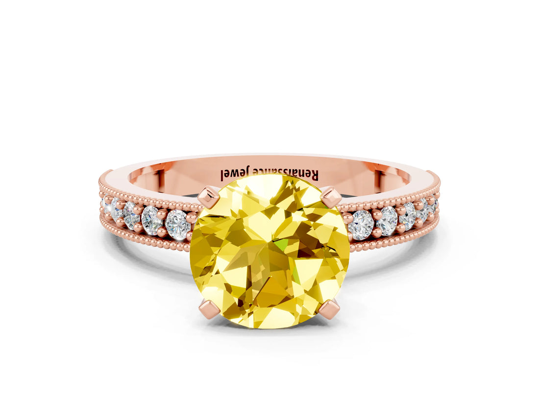Rose gold Round Cut Yellow Sapphire Milgrain Pavé Engagement Ring with Four-Prong Setting_24