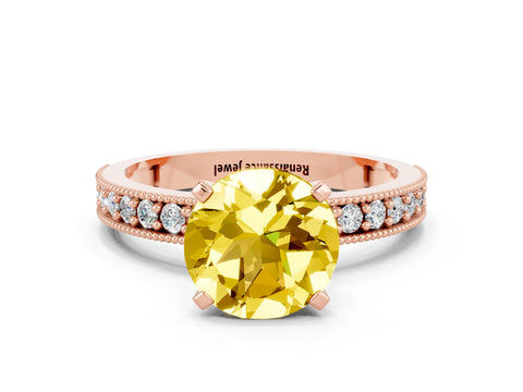 Rose gold Round Cut Yellow Sapphire Milgrain Pavé Engagement Ring with Four-Prong Setting_24