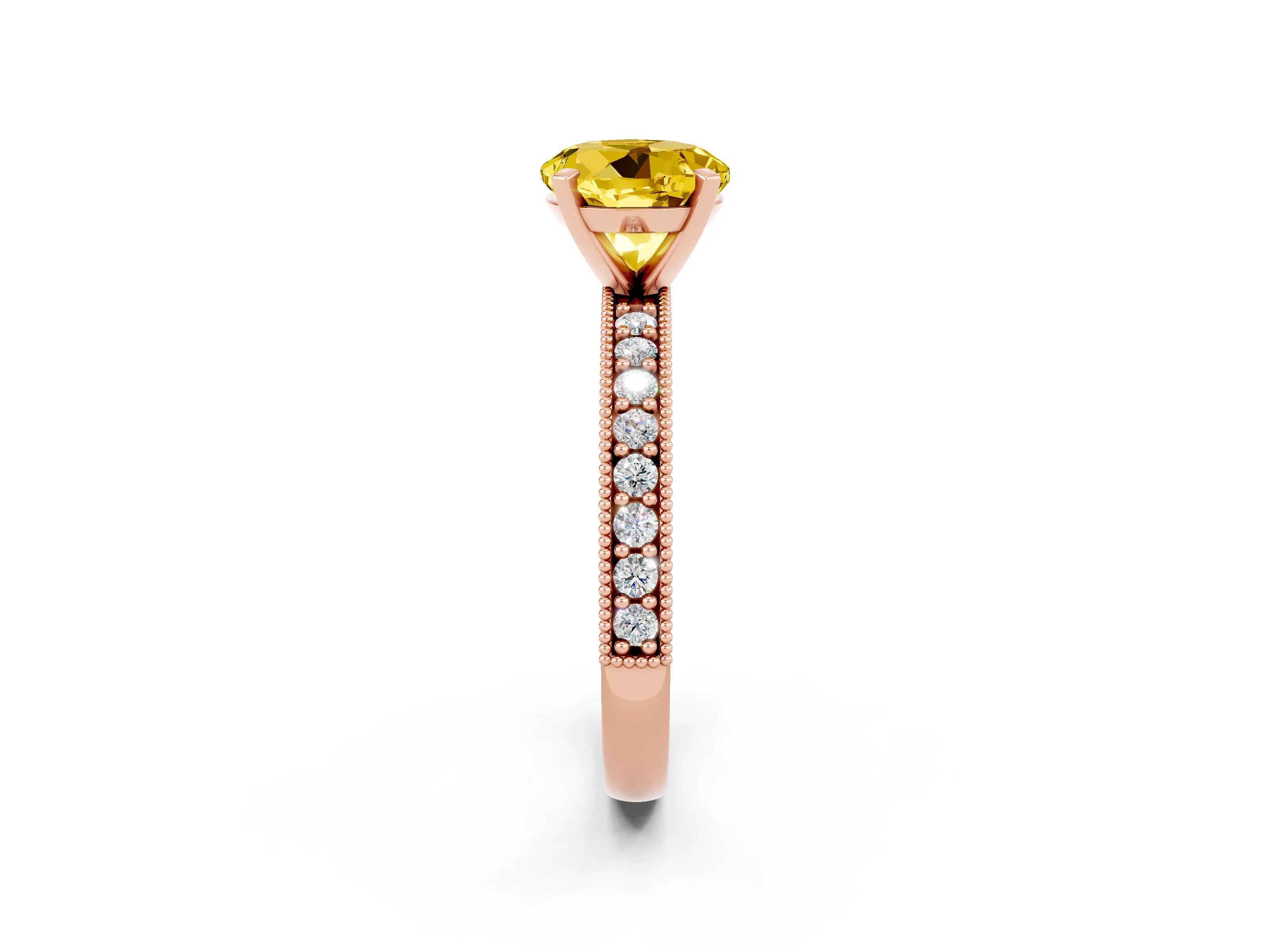 Rose gold Round Cut Yellow Sapphire Milgrain Pavé Engagement Ring with Four-Prong Setting_26