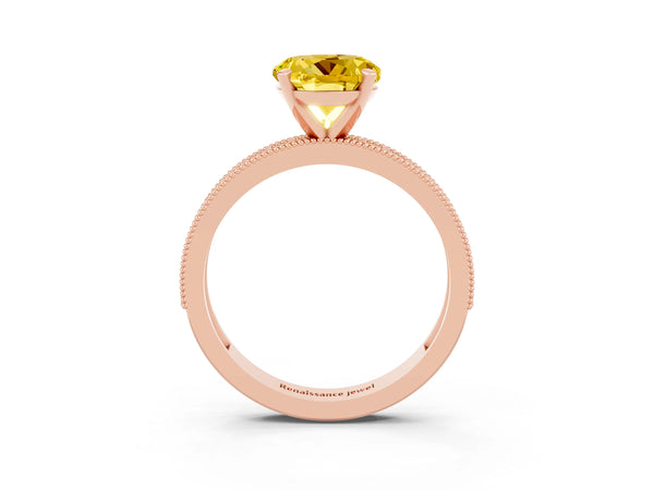Rose gold Round Cut Yellow Sapphire Milgrain Pavé Engagement Ring with Four-Prong Setting
