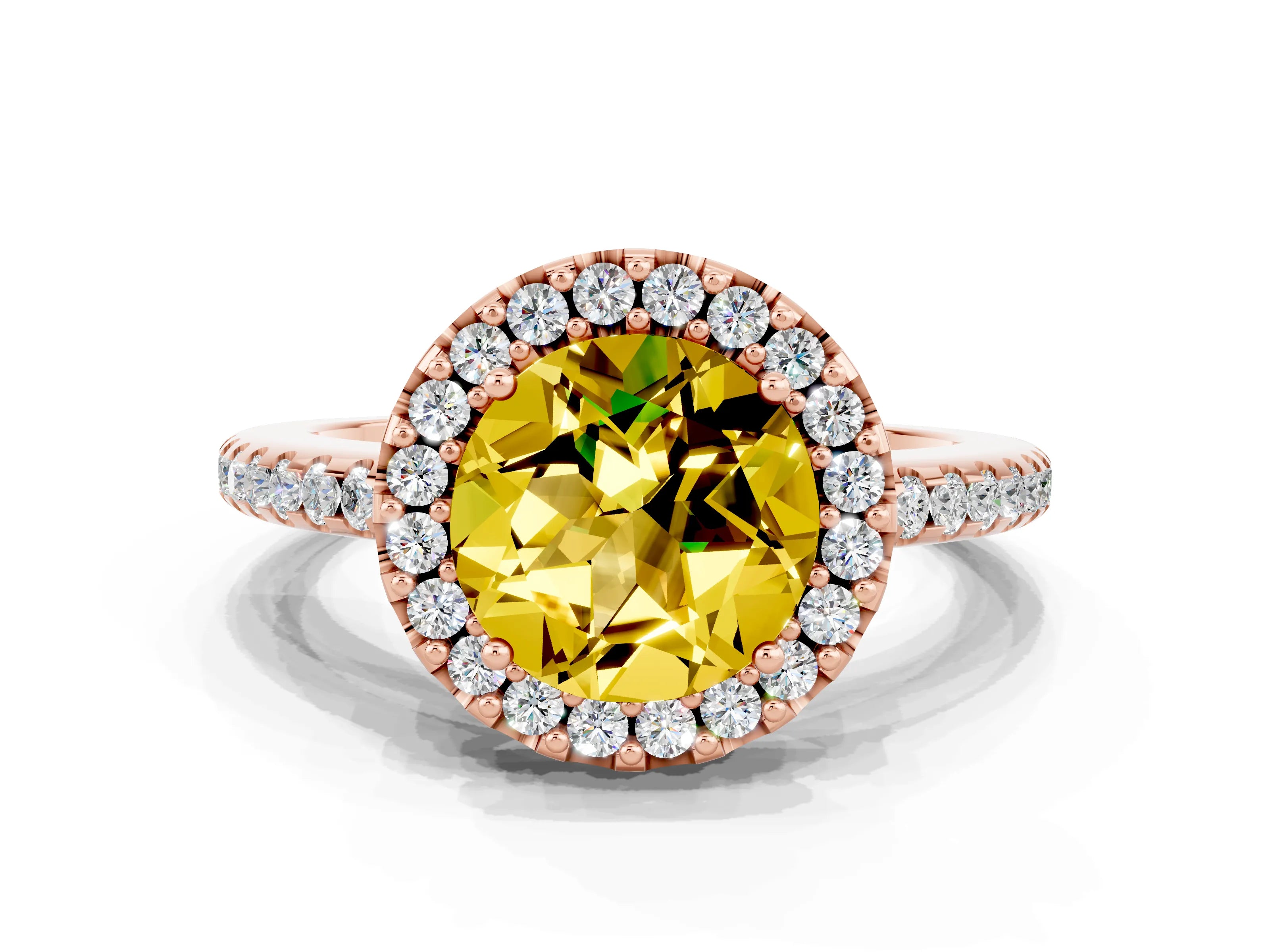 Rose gold Round Cut Yellow Sapphire Pavé Halo Ring with Four-Prong Setting_12