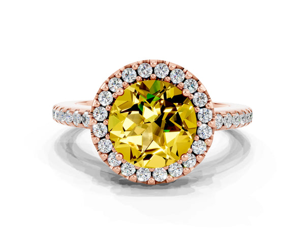 Rose gold Round Cut Yellow Sapphire Pavé Halo Ring with Four-Prong Setting