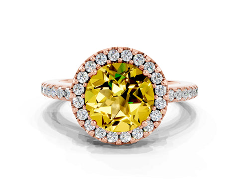 Rose gold Round Cut Yellow Sapphire Pavé Halo Ring with Four-Prong Setting_12