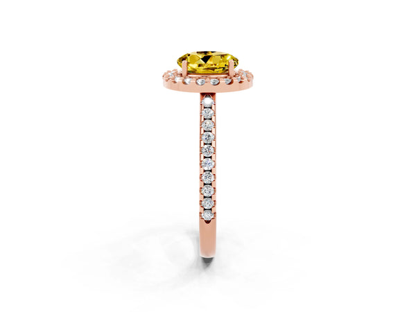 Rose gold Round Cut Yellow Sapphire Pavé Halo Ring with Four-Prong Setting