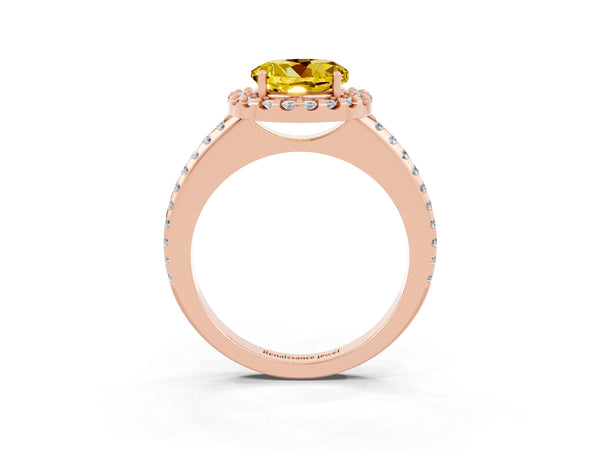 Rose gold Round Cut Yellow Sapphire Pavé Halo Ring with Four-Prong Setting
