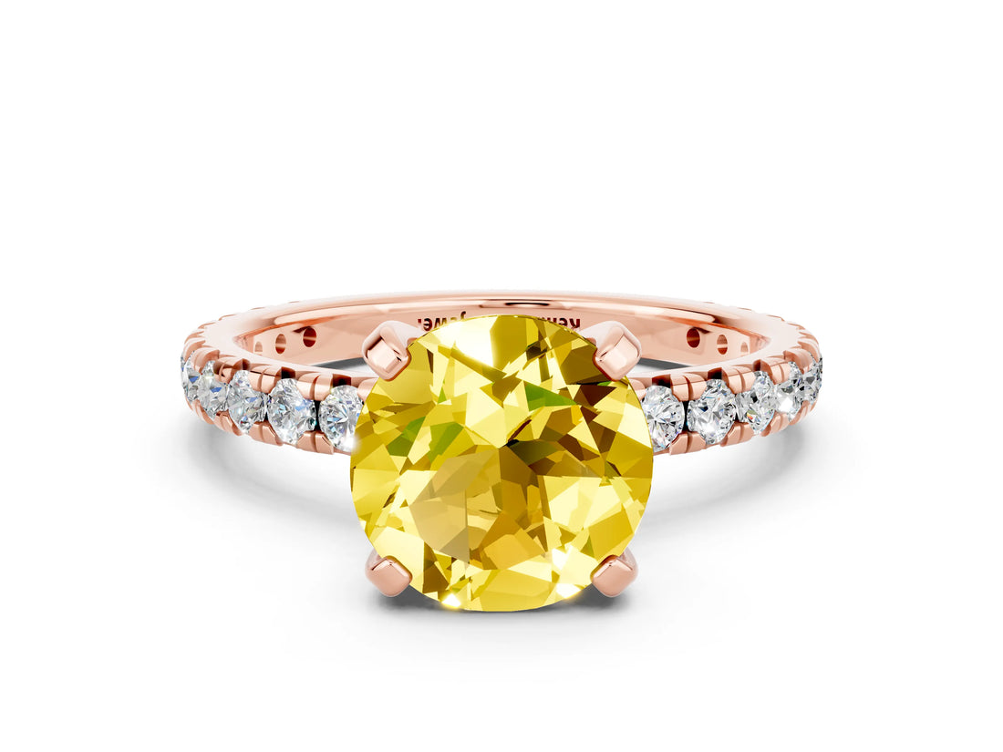 Rose gold Round Cut Yellow Sapphire Pavé Solitaire Ring with Round Band and Prong Setting_12