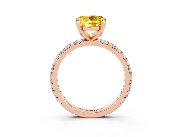Rose gold Round Cut Yellow Sapphire Pavé Solitaire Ring with Round Band and Prong Setting