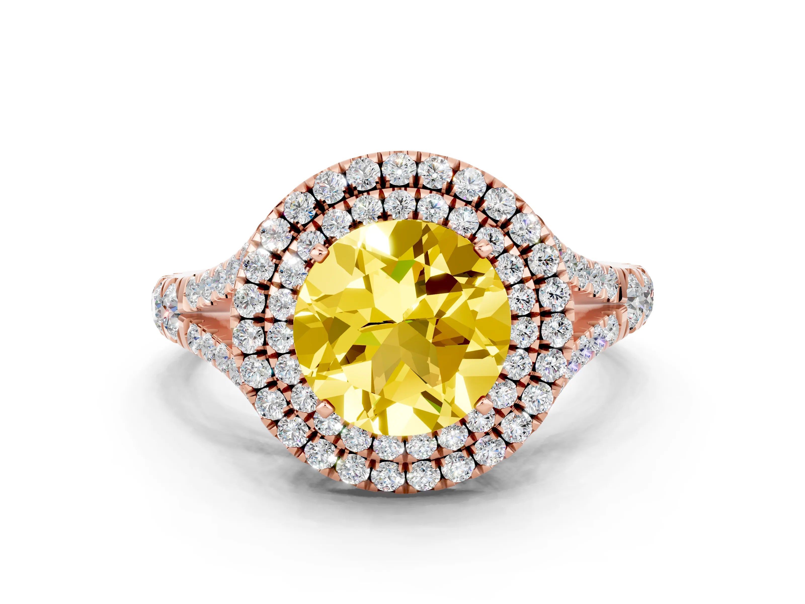 Rose gold Round Cut Yellow Sapphire Pavé Split Shank Double Halo Engagement Ring