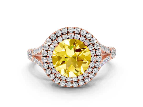 Rose gold Round Cut Yellow Sapphire Pavé Split Shank Double Halo Engagement Ring