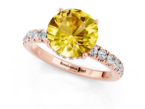 Rose gold Round Cut Yellow Sapphire Pave Band Solitaire Ring with Four-Prong Setting_61