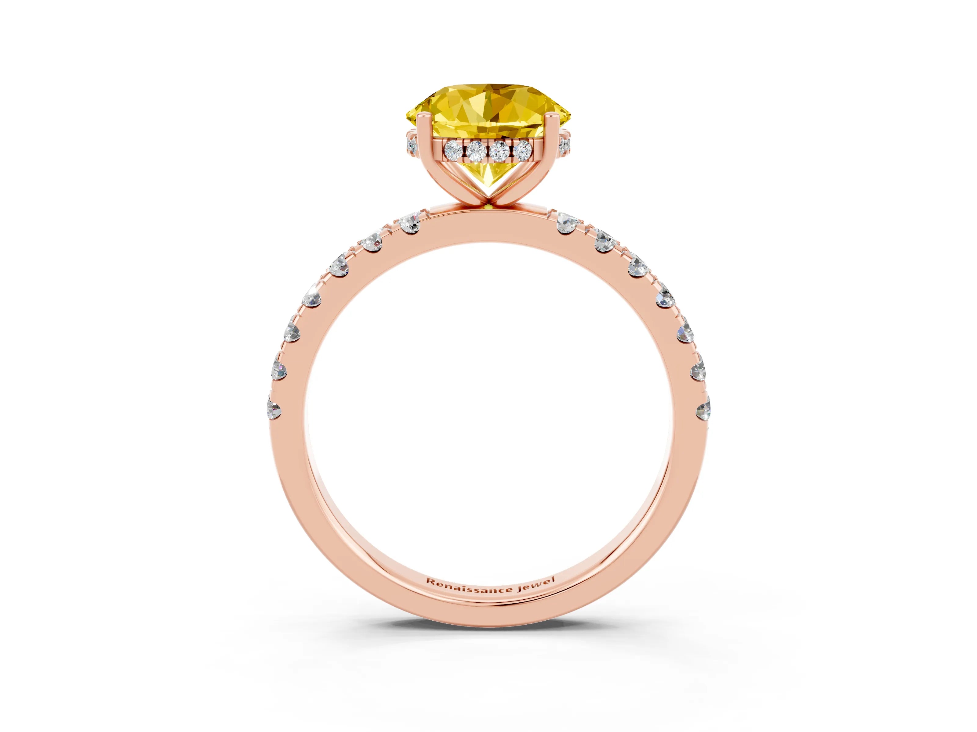 Rose gold Round Cut Yellow Sapphire Pave Band Solitaire Ring with Four-Prong Setting_63