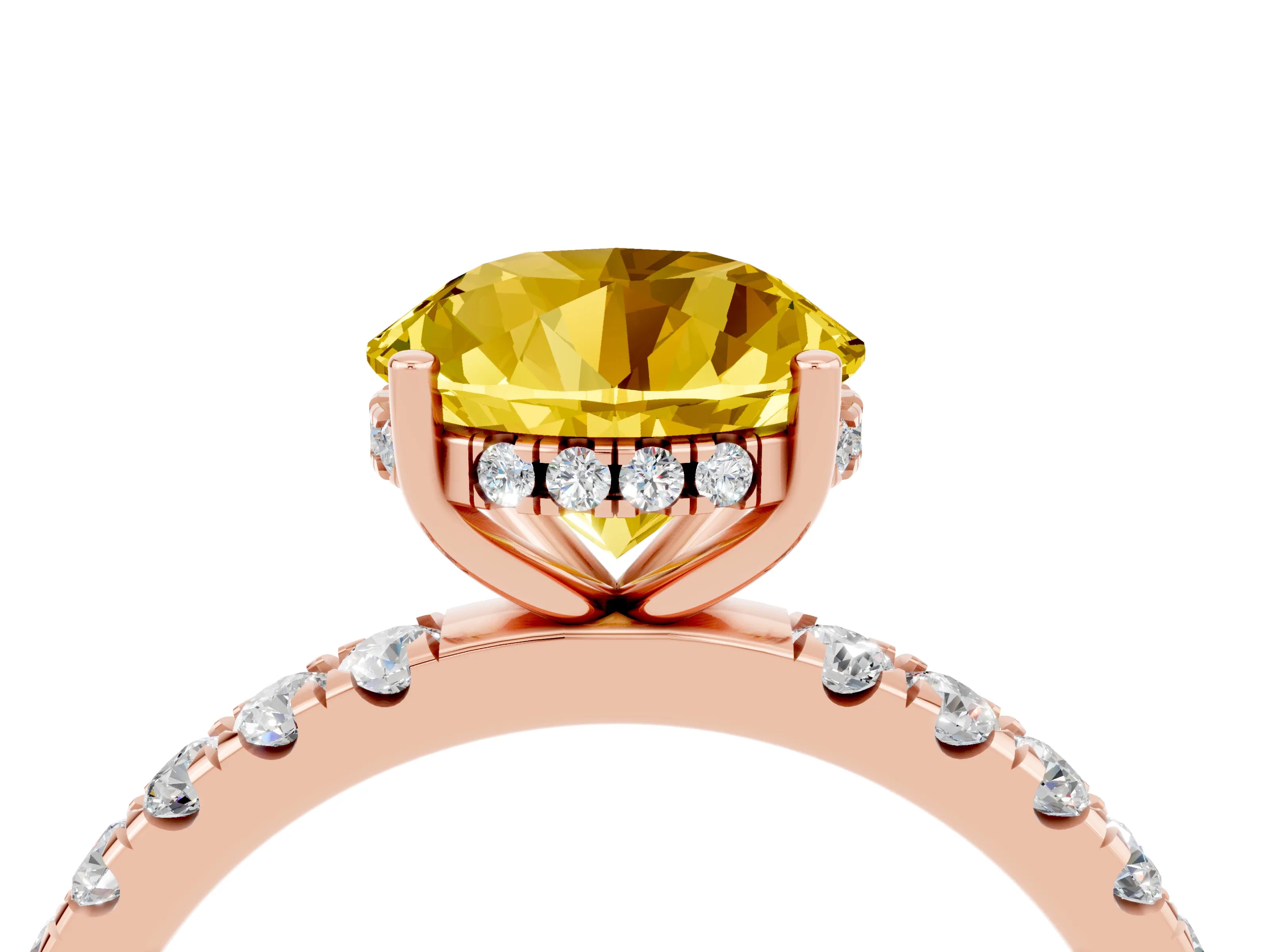 Rose gold Round Cut Yellow Sapphire Pave Band Solitaire Ring with Four-Prong Setting_64