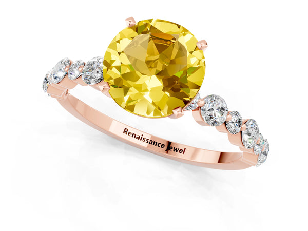 Rose gold Round Cut Yellow Sapphire Prong Set Engagement Ring with Pavé Band