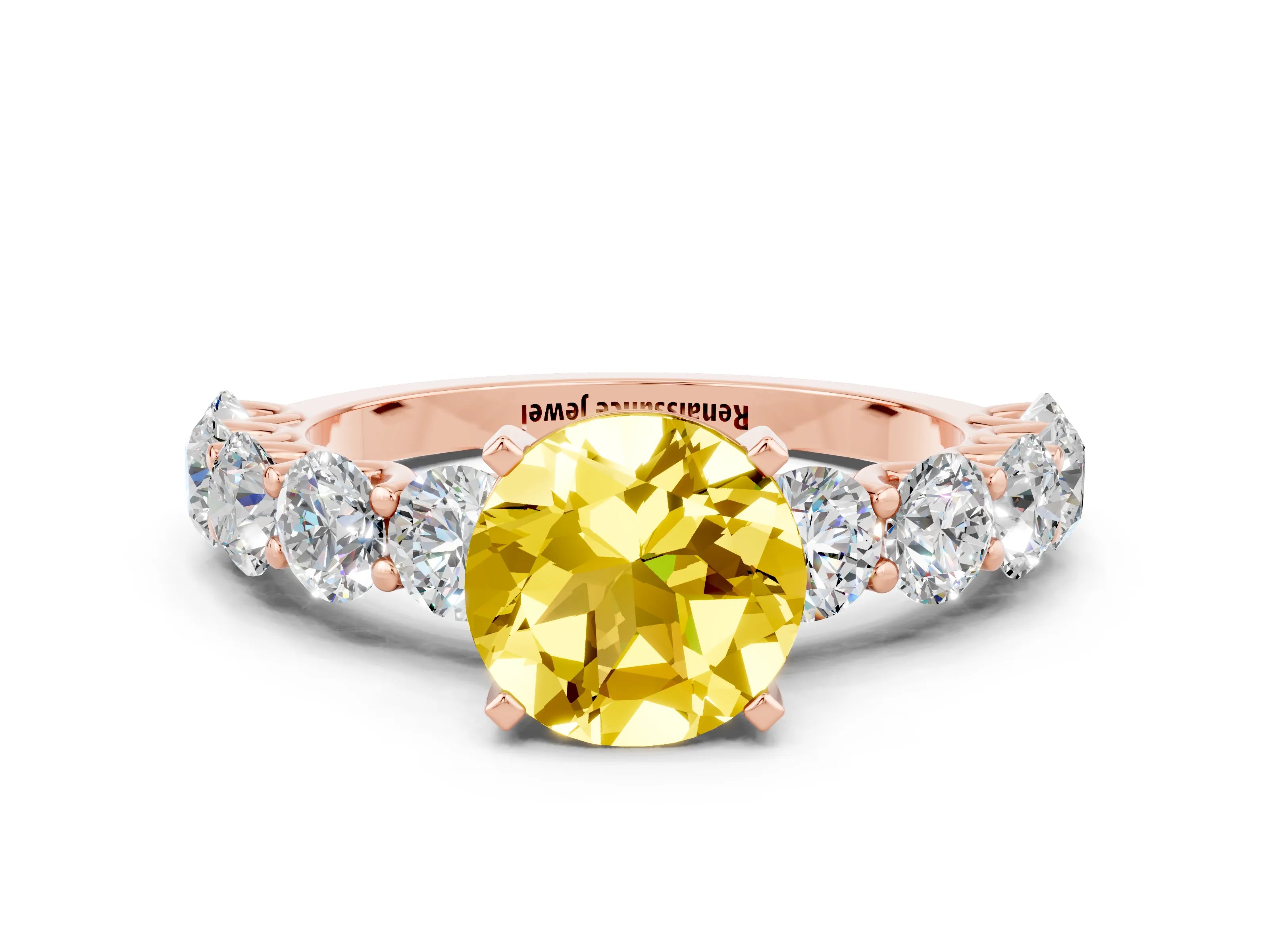 Rose gold Round Cut Yellow Sapphire Prong Setting with Side Stones on a Pave Band_24