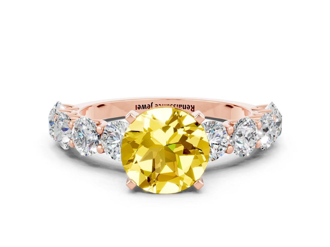 Rose gold Round Cut Yellow Sapphire Prong Setting with Side Stones on a Pave Band_24