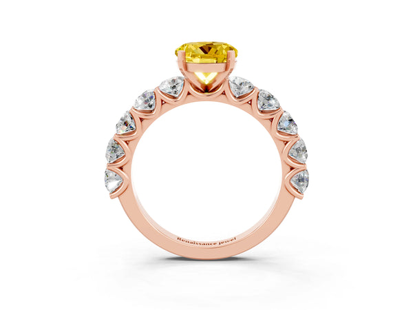 Rose gold Round Cut Yellow Sapphire Prong Setting with Side Stones on a Pave Band