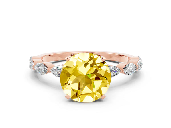 Rose gold Round Cut Yellow Sapphire Ring with Marquise Side Stones and Prong Setting